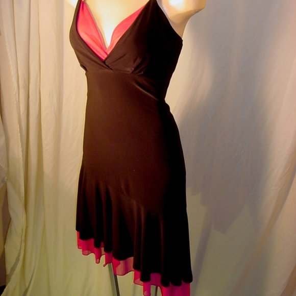 PS Per Seption Dresses & Skirts - Slinky Tango Slip Dress Black Hot Pink Peek-a-Boo Hem L